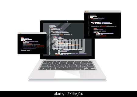 simboli di codifica e finestre di programmazione sullo schermo del laptop. Concetto di programmazione informatica o sviluppo di software o giochi. Illustrazione piatta vettoriale Illustrazione Vettoriale