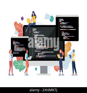 Persone con codifica sullo schermo del computer. Concetto di programmazione informatica o sviluppo di software o giochi. Illustrazione piatta vettoriale con codifica, Java, HTM Illustrazione Vettoriale