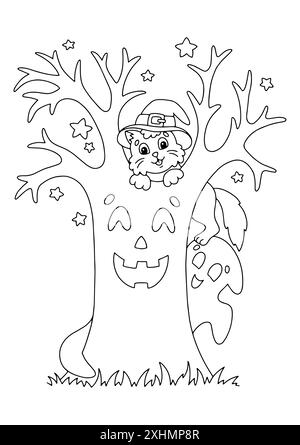 Il gatto nel cappello ha scalato un albero. Pagina di libri da colorare per bambini. Tema di Halloween. Personaggio in stile cartoni animati. Illustrazione vettoriale isolata su sfondo bianco Illustrazione Vettoriale