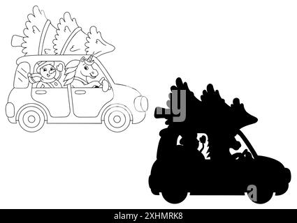 Il pupazzo di neve e l'unicorno viaggiano in macchina e portano l'albero di Natale. Silhouette nera. Elemento di progettazione. Illustrazione Vettoriale
