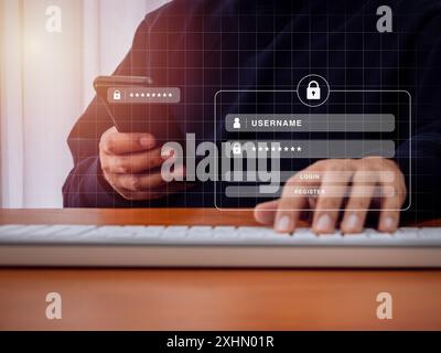 Autenticazione a due fattori o concetto 2FA. L'icona del lucchetto di sicurezza sulla pagina di accesso viene visualizzata mentre la persona accede al telefono per convalidare la password, verifica identità Foto Stock