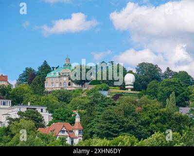 La vista del planetario dell'Istituto di ricerca Manfred von Ardenne, ricavato dai prati dell'Elba, mostra l'armoniosa miscela di natura e città. Foto Stock