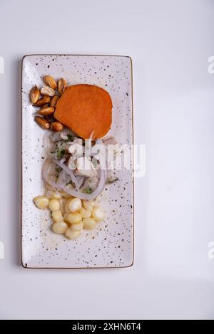 Cibo tradizionale peruviano chiamato Ceviche, a base di pesce, visto dall'alto. Foto Stock
