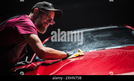 Esperto di autolavaggio che utilizza un panno in microfibra per asciugare una moderna Sportscar rossa. Uomo adulto pulizia della sporcizia, preparazione di una muscle car americana per il dettaglio. Foto cinematografica creativa con veicolo sportivo Foto Stock