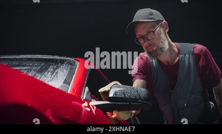 Esperto di autolavaggio che utilizza un panno in microfibra per asciugare una moderna Sportscar rossa. Uomo adulto pulizia della sporcizia, preparazione di una muscle car americana per il dettaglio. Foto cinematografica creativa con veicolo sportivo Foto Stock