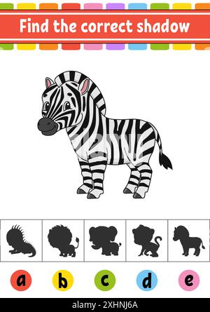 Trovare l'ombra corretta. Foglio di lavoro per lo sviluppo dell'istruzione. Pagina attività. Gioco a colori per bambini. Personaggio dei cartoni animati. Illustrazione vettoriale. Illustrazione Vettoriale