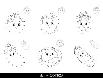 Set di gioco da punto a punto. Tracciare una linea. Per i bambini. Foglio di lavoro dell'attività. Libro da colorare. Con risposta. personaggio dei cartoni animati. Illustrazione vettoriale. Illustrazione Vettoriale