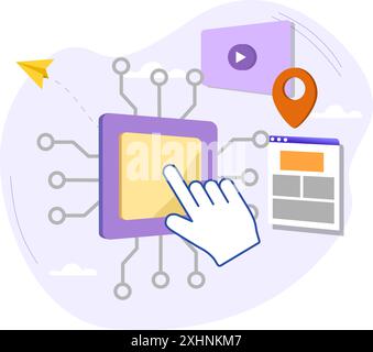 Puntare la mano verso il sito Web del lettore video di gestione microchip e il pin di posizione Illustrazione Vettoriale