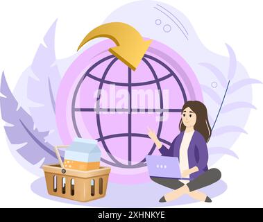 Donna che ordina generi alimentari online utilizzando un computer portatile per un servizio di consegna globale Illustrazione Vettoriale