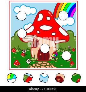 Gioco per bambini. Raccogliere una foto. Gioco educativo per bambini. Concetto di casa dei funghi. Immaginazione e fantasia, favola. Foto Stock