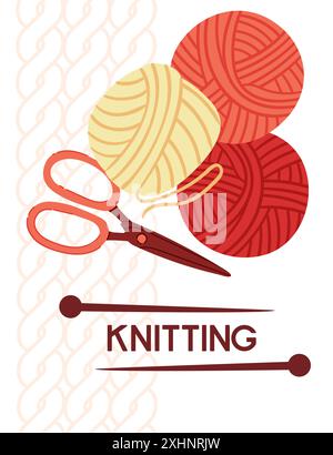 Design per striscioni a maglia, stile retrò in colore rosso. Forbici e palle di lana. Illustrazione vettoriale su sfondo bianco. Illustrazione Vettoriale