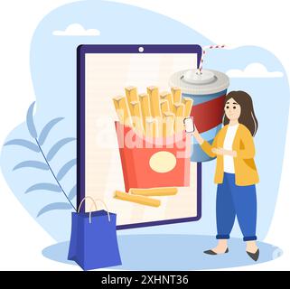 Donna che ordina fast food online utilizzando l'app per smartphone su un enorme schermo di un tablet Illustrazione Vettoriale
