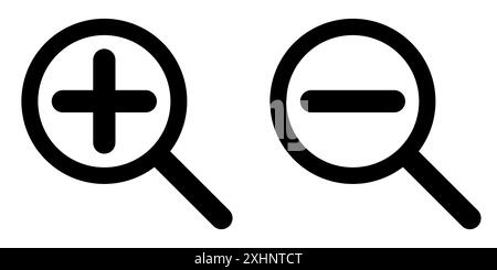 forma della silhouette della lente di ingrandimento con più e meno, simbolo di ingrandimento e riduzione, set di icone vettoriali in bianco e nero Illustrazione Vettoriale
