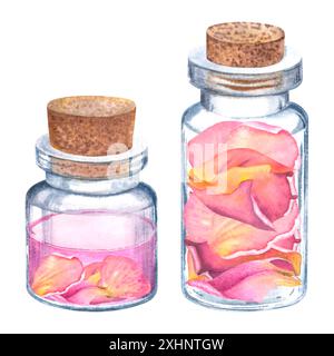 Due flaconi cosmetici in vetro trasparente in miniatura con petali di rosa essiccati. Illustrazione ad acquerello disegnata a mano di piccole fiale isolate sullo sfondo. Foto Stock