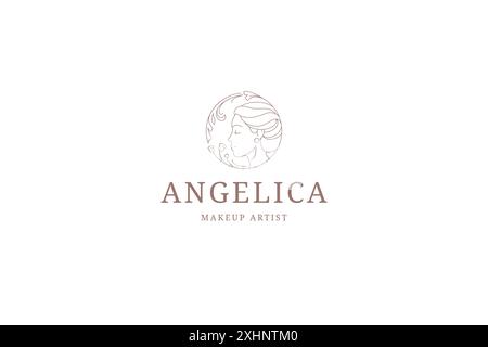 Romantico viso di donna botanica con linea di capelli floreali modello di design con logo per illustrazione vettoriale parrucchiere. Bella donna floreale naturale biologico Illustrazione Vettoriale
