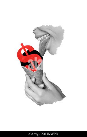 Collage verticale poster frammento di volto umano bocca leccare la lingua gelato delizioso dessert dollaro segno di valuta del mercato monetario fondi di trading Foto Stock