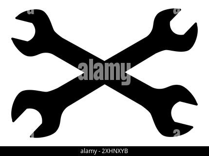chiave, due chiavi incrociate sagomate, illustrazione vettoriale in bianco e nero della chiave per utensili manuali Illustrazione Vettoriale