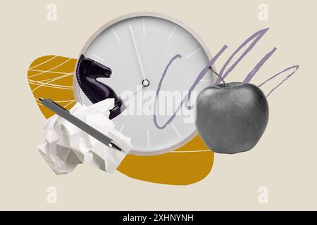 Grafica di tendenza immagine composita collage fotografico 3D dello spazio di lavoro ufficio enorme orologio a scacchi mela frutta carta pialla carta spazzatura Foto Stock