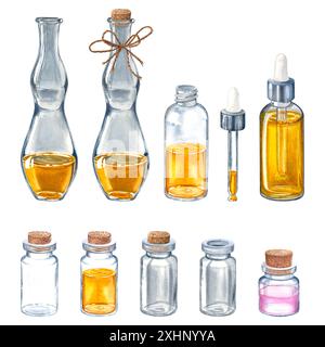 Set di bottiglie di vetro per oli essenziali e prodotti cosmetici. Illustrazione ad acquerello disegnata a mano di flacone contagocce, fiala con coperchio in bambù, fiasca. Foto Stock