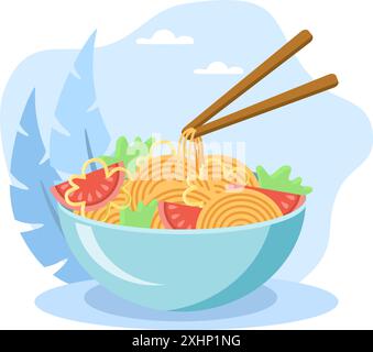 Le bacchette raccolgono spaghetti dalla ciotola di ramen con verdure Illustrazione Vettoriale