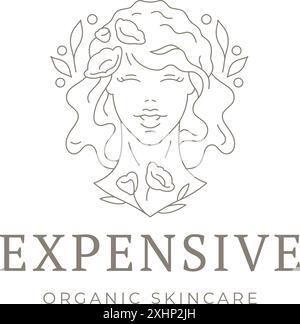 Splendido busto da donna antica con foglie di fiori, modello di disegno del logo, illustrazione vettoriale. Elegante ritratto botanico femminile che delinea lo stile minimalista Illustrazione Vettoriale