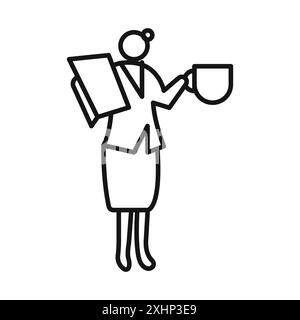 Donna d'affari, icona del caffè, Black line art Vector in bianco e nero, insegna della collezione Illustrazione Vettoriale