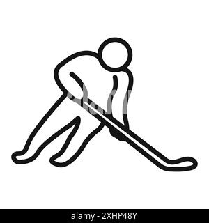 Giocatore di hockey con bastone e icona a forma di lavavetro Black line art vettoriale in bianco e nero contorno set segno della collezione Illustrazione Vettoriale