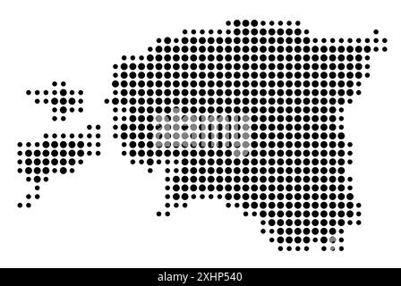Mappa astratta dell'Estonia che mostra l'area del paese con un modello di cerchi neri Illustrazione Vettoriale