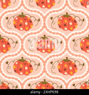Motivo senza cuciture in Damasco di zucca. Verdure di halloween con fondo tradizionale a ripetizione. Design autunnale senza fine. Illustrazione vettoriale disegnata a mano. Illustrazione Vettoriale