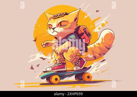 cat in sella a uno skateboard vettoriale illustrazione Illustrazione Vettoriale