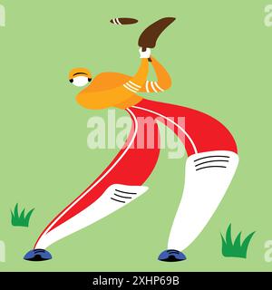 Illustrazione astratta del vettore del cricketer con arti allungati in uniforme rossa e arancione, giocando su sfondo verde. Azione dinamica. Illustrazione Vettoriale