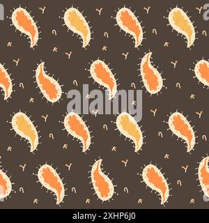 L'autunno lascia un motivo scuro senza cuciture. Le forme di paisley autunnali ripetono lo sfondo. Illustrazione vettoriale disegnata a mano. Illustrazione Vettoriale