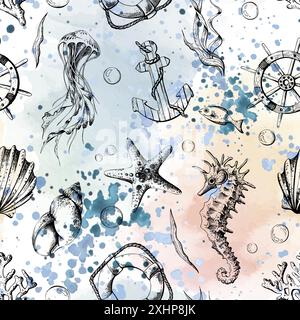 Vita marina, volante, ancora e salvagente. Illustrazione della grafica in bianco e nero, disegnata a mano. Motivo senza cuciture per il design di Illustrazione Vettoriale