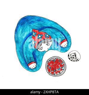 La nonna con un vestito blu e un gatto vendono fragole. Disegno con matite colorate. Foto Stock