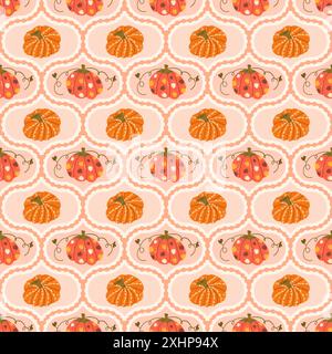 Zucche con motivo damascico senza cuciture. Sfondo tradizionale a ripetizione con verdure mature di halloween stilizzate e testurizzate. Design autunnale senza fine. Illustrazione vettoriale disegnata a mano. Illustrazione Vettoriale