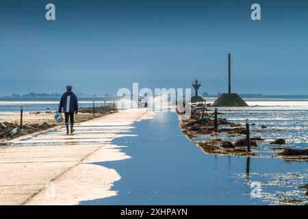 Francia, Vandea, Noirmoutier isola, tra Barbâtre e Beauvoir sur Mer, pescatore a piedi e il passaggio dei primi veicoli in bassa marea, pasage du Foto Stock