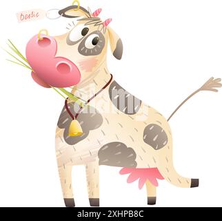 Carina e divertente Milk Cow di Farm Cartoon Clipart Illustrazione Vettoriale