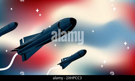 Collage di lancio dei missili su sfondo astratto sfocato e colorato. Illustrazione vettoriale in stile retrò Illustrazione Vettoriale