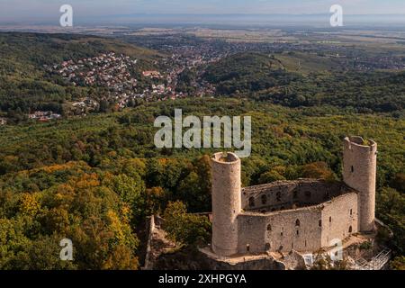 Francia, basso Reno, Alsazia strada del vino, Andlau, il castello di Andlau (Haut-Andlau) e il villaggio di Barr sullo sfondo (vista aerea) Foto Stock