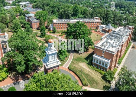 Vista aerea degli edifici della Mary Washington University a Fredericksburg Virginia: Dodd Auditorium, Jefferson Hall, Bushnell Hall, Framar House Foto Stock