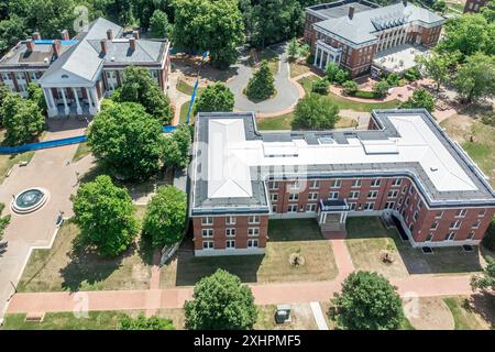 Vista aerea degli edifici della Mary Washington University a Fredericksburg Virginia: Dodd Auditorium, Jefferson Hall, Bushnell Hall, Framar House Foto Stock