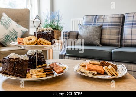 Tè party, torta e biscotti in un ambiente intimo illuminato dal sole e casalingo / tè pomeridiano. Foto Stock