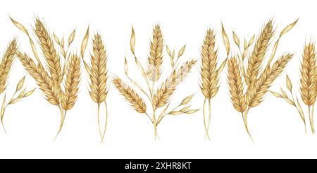 Gambi di grano bordo senza cuciture, nastro per orzo. Illustrazione acquerello per la celebrazione del raccolto, design rustici, birra, pane, temi agricoli. Clipart per tessuti, imballaggi, sfondi, striscioni Foto Stock