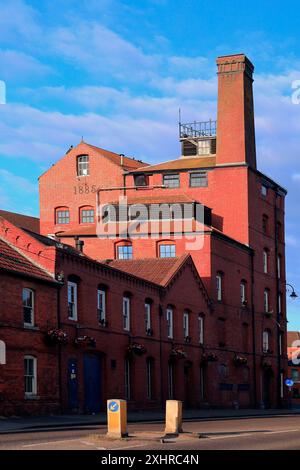 Ammira il retro della storica fabbrica di birra Wadworths, un punto di riferimento nel centro di Devizes. Data: Luglio 2024. Estate. Foto Stock