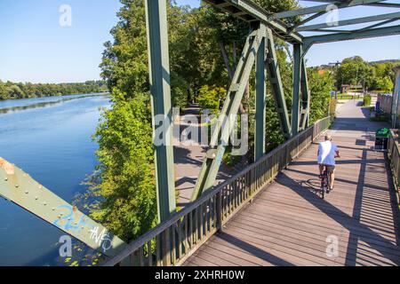 Pista ciclabile della valle della Ruhr, ex ponte ferroviario sulla Ruhr, lago Baldeney ad Essen, pista ciclabile e pedonale, Essen, Renania settentrionale-Vestfalia, Germania Foto Stock