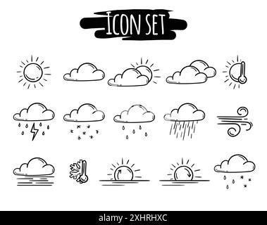 Set di icone meteo vettoriali semplici. Segni e simboli di precipitazioni e fenomeni naturali. Pittogrammi in bianco e nero modificabili per le previsioni meteo Illustrazione Vettoriale