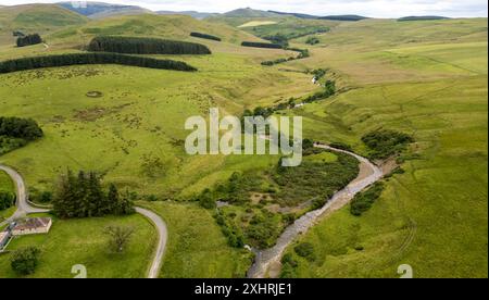 Vista aerea del cottage di Dodburn, Allan Water, Hawick, Scottish Borders, Regno Unito. Foto Stock