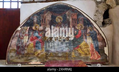 Affresco raffigurante l'ultima cena con Gesù Cristo e gli Apostoli, in una chiesa storica, all'interno del monastero, monastero di Agiou Theologou, Chora Foto Stock