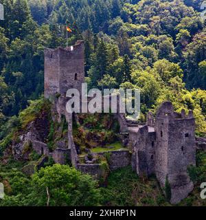 Le rovine del castello di Manderscheid, dell'Eifel meridionale, dell'Eifel, della Renania-Palatinato, Germania Foto Stock