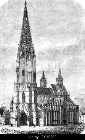 Freiburg Minster, cattedrale gotica di Friburgo, galleria nana, torretta di cresta, portale, Baden-Wuerttemberg, Germania, illustrazione storica 1880 Foto Stock